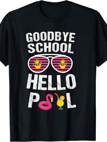 Men's Graphic T-Shirt Goodbye School Hello Pool Flamingo Cocktails And Sunglasses Pool
