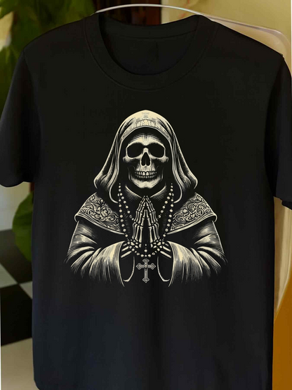 Men's Graphic T-Shirt Gothic Praying Skeleton In Robe With Rosary Under Shadowed Light Skull