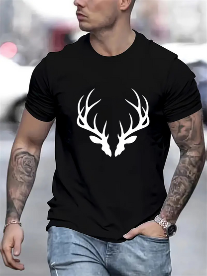 Men's Graphic T-Shirt Bold Contrasting Antlered Silhouette On Classic Black T Shirt