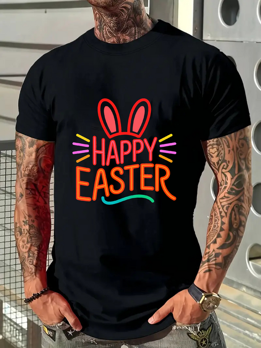Men's Graphic T-Shirt Happy Easter Neon Style Bunny Ears Surrounded By Colorful Accents