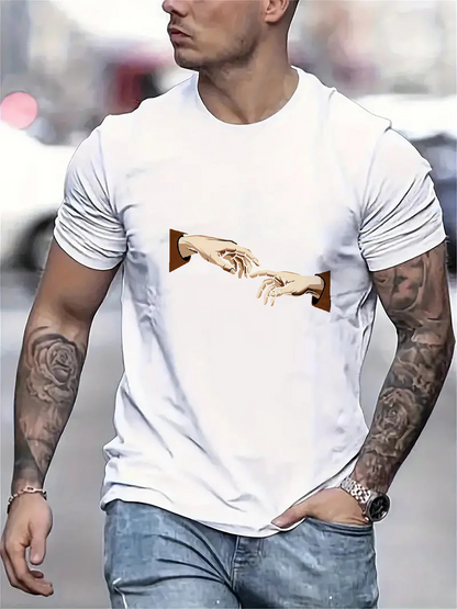 Men's Graphic T-Shirt Classic Renaissance Style Reaching Hands Printed On White Cotton T Shirt