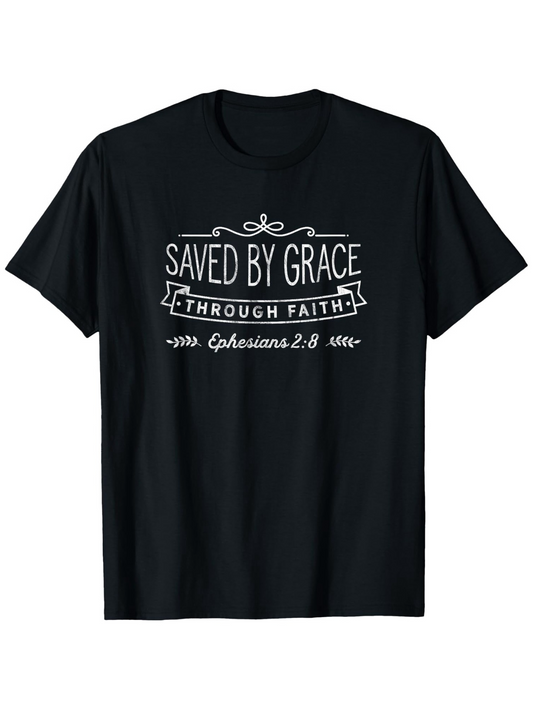 Men's Graphic T-Shirt Saved By Grace Through Faith Ephesians Text Elegant Vintage Banner
