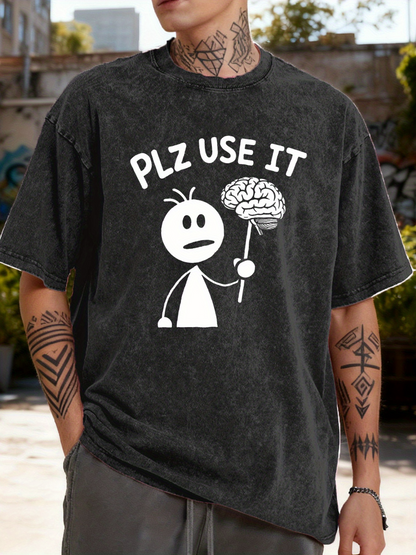 Men's Graphic T-Shirt Plz Use It Cartoon Figure Holding A Brain Illustration