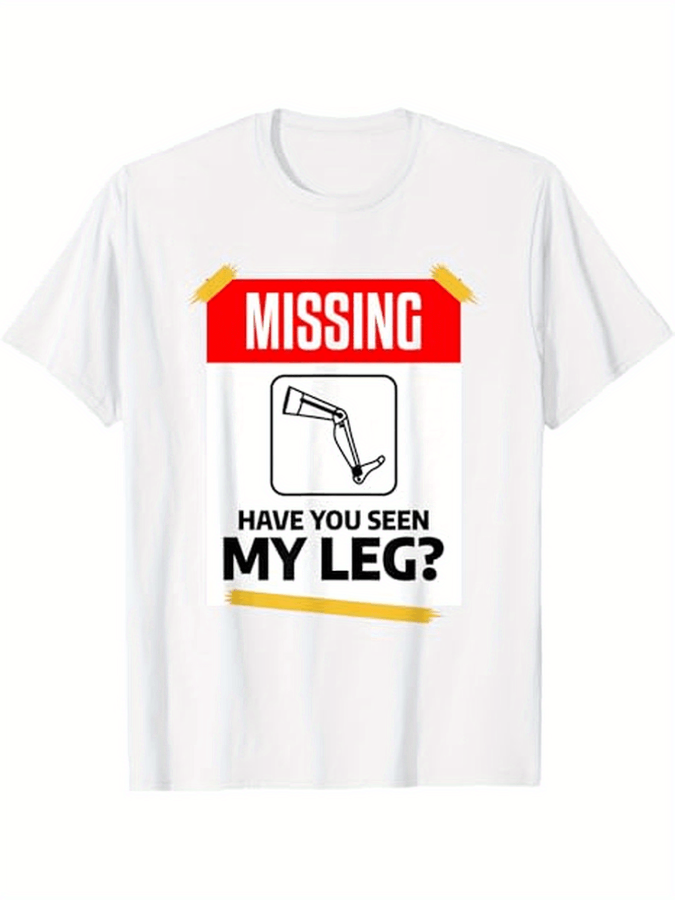 Men's Graphic T-Shirt Missing Poster With Bold Black Yellow Text And Line Drawing Leg