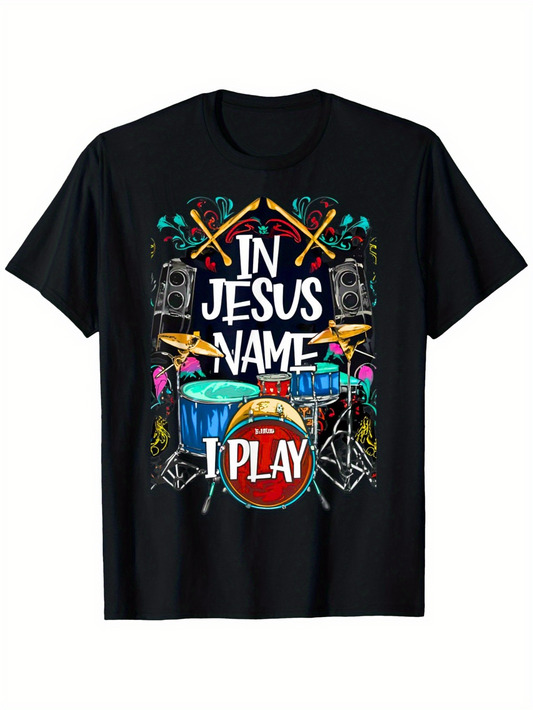Men's Graphic T-Shirt In Jesus Name I Play Colorful Drum Kit Surrounded By Stage Lights
