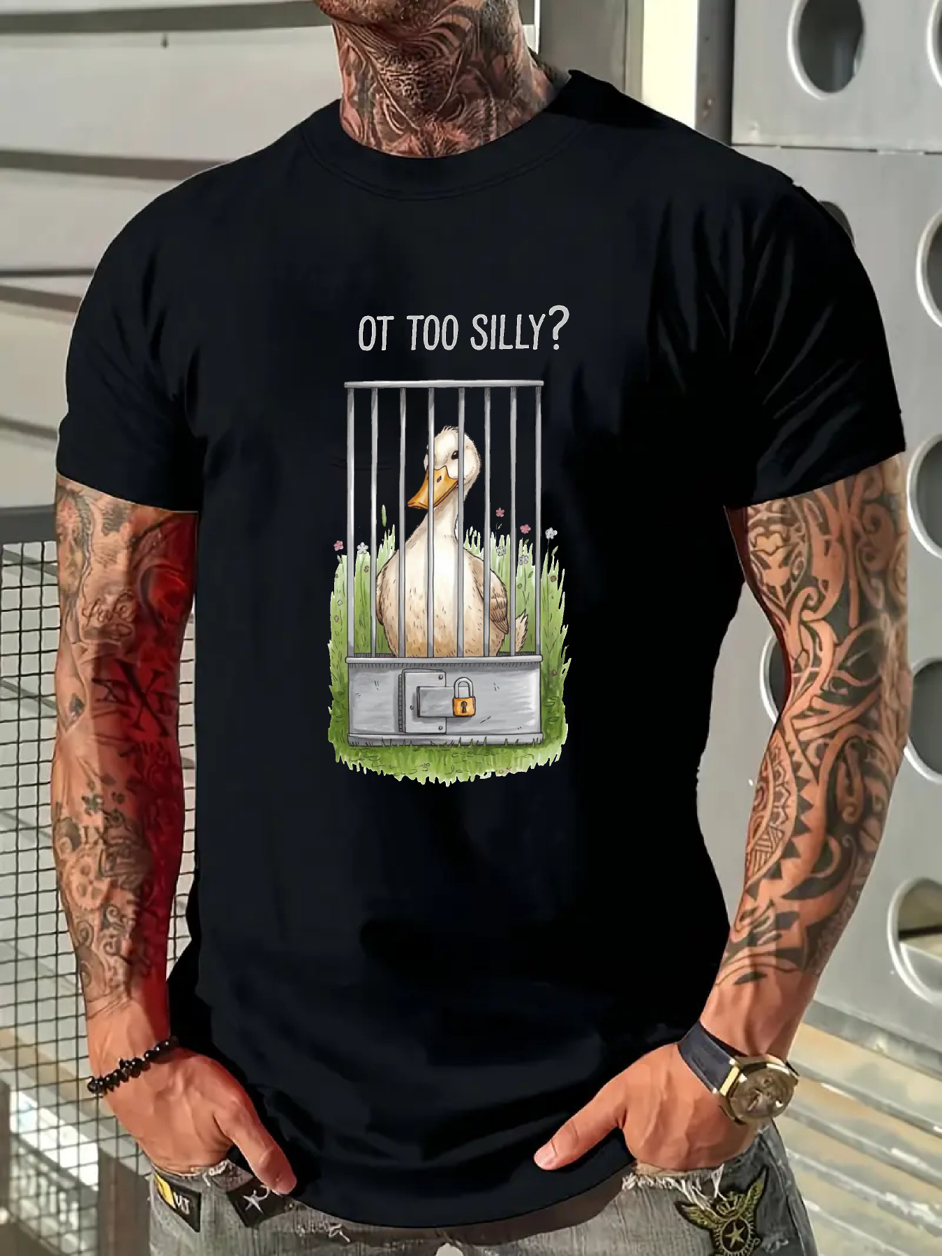 Men's Graphic T-Shirt Got Too Silly Goose Behind Metal Bars With Patchy Green Grass Illustration