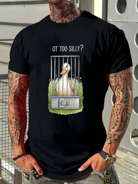 Men's Graphic T-Shirt Got Too Silly Goose Behind Metal Bars With Patchy Green Grass Illustration