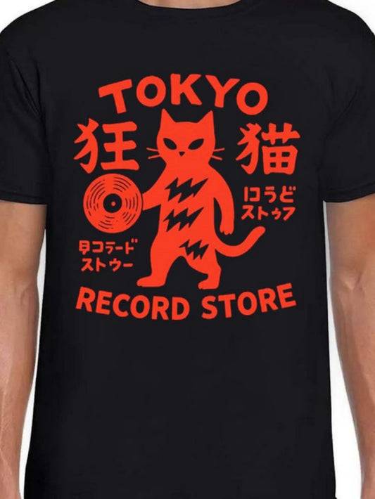Men's Graphic T-Shirt Tokyo Record Store Fiery Lightning Markings On Wild Cat