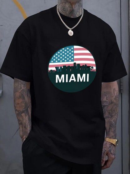 Men's Graphic T-Shirt Miami American Flag Skyline With Night Cityscape Silhouette T Shirt