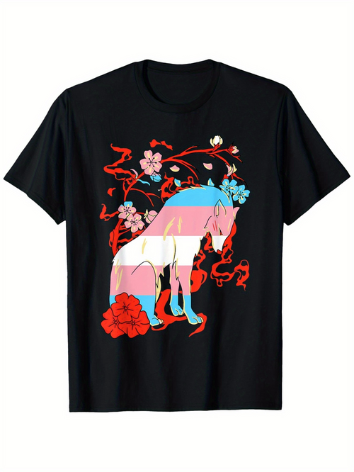 Men's Graphic T-Shirt Transgender Flag Stripes With Blossoms And Flowing Artistic Horse