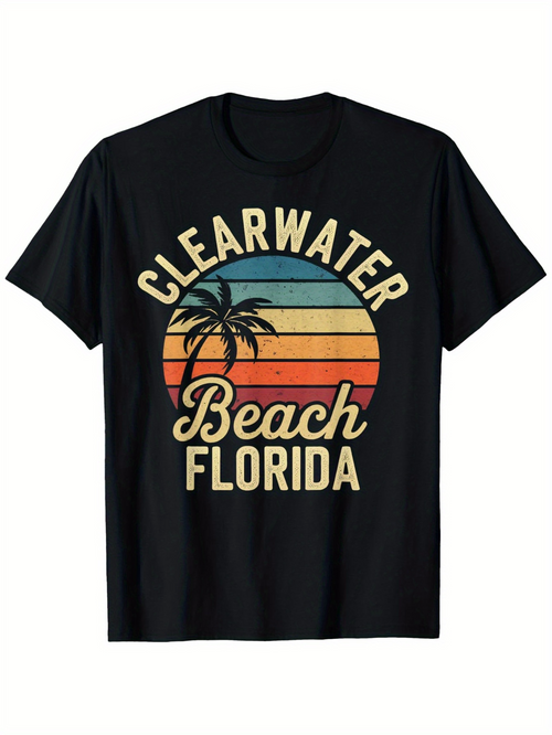 Men's Graphic T-Shirt Clearwater Beach Florida Vintage Sunset With Palm Tree Shadow