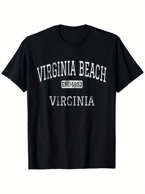 Men's Graphic T-Shirt Virginia Beach Est 1882 Vintage Washed Black T Shirt