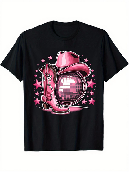 Men's Graphic T-Shirt Pink Stars Around Shiny Disco Ball With Cowboy Hat And Boot