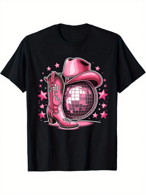 Men's Graphic T-Shirt Pink Stars Around Shiny Disco Ball With Cowboy Hat And Boot