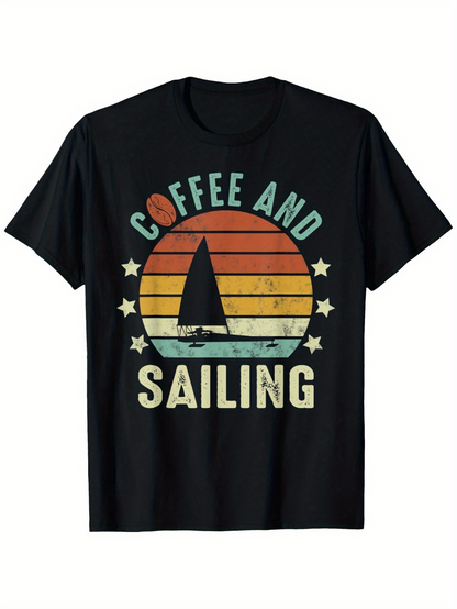 Men's Graphic T-Shirt Coffee And Sailing Retro Striped Sun With Calm Sea Sailboat