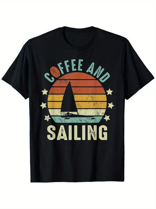 Men's Graphic T-Shirt Coffee And Sailing Retro Striped Sun With Calm Sea Sailboat