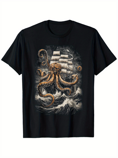 Men's Graphic T-Shirt Stormy Ocean Waves With A Giant Kraken Attacking A Sailing Ship