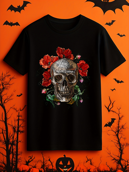Men's Graphic T-Shirt Baroque Skull Surrounded By Red Roses And Greenery
