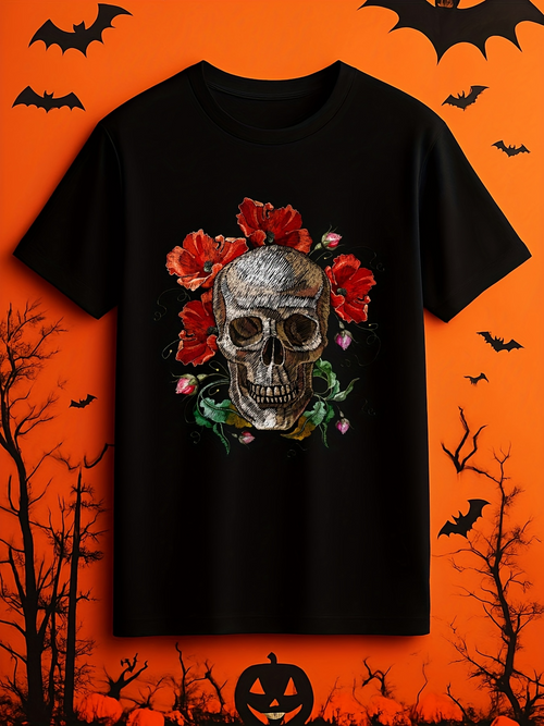 Men's Graphic T-Shirt Baroque Skull Surrounded By Red Roses And Greenery