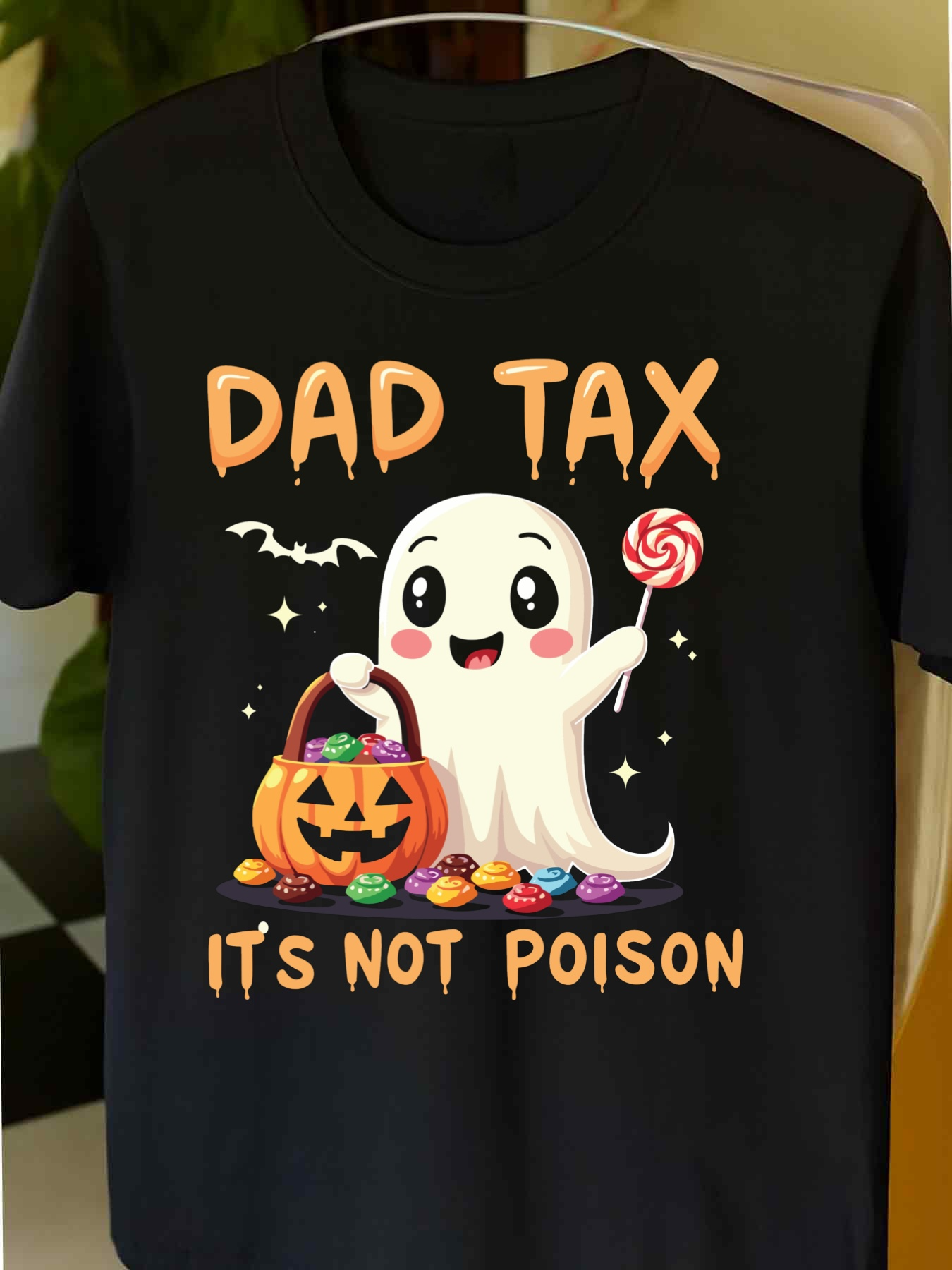 Men's Graphic T-Shirt Dad Tax With Happy Ghost Holding Candy And Halloween Pumpkin