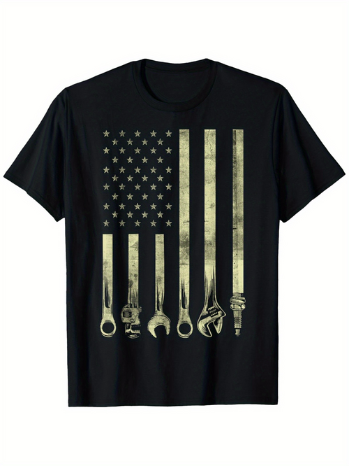 Men's Graphic T-Shirt Weathered American Flag With Vintage Golden Wrenches And Tools