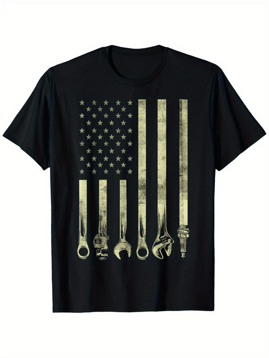 Men's Graphic T-Shirt Weathered American Flag With Vintage Golden Wrenches And Tools