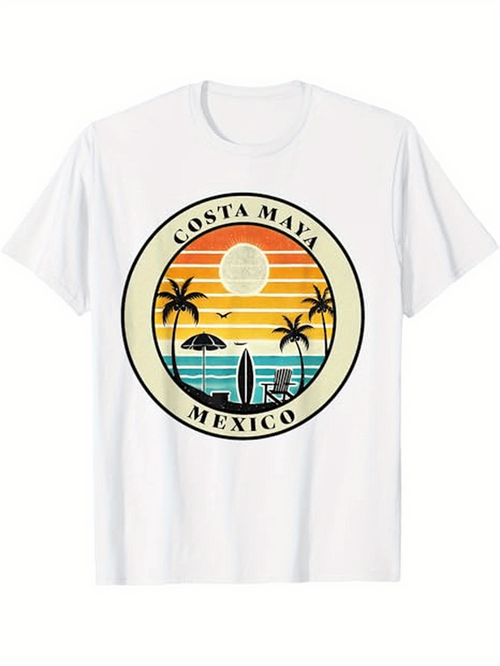 Men's Graphic T-Shirt Costa Maya Mexico Colorful Sunset Beach With Palm Trees Surfboard