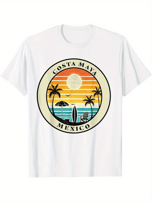 Men's Graphic T-Shirt Costa Maya Mexico Colorful Sunset Beach With Palm Trees Surfboard