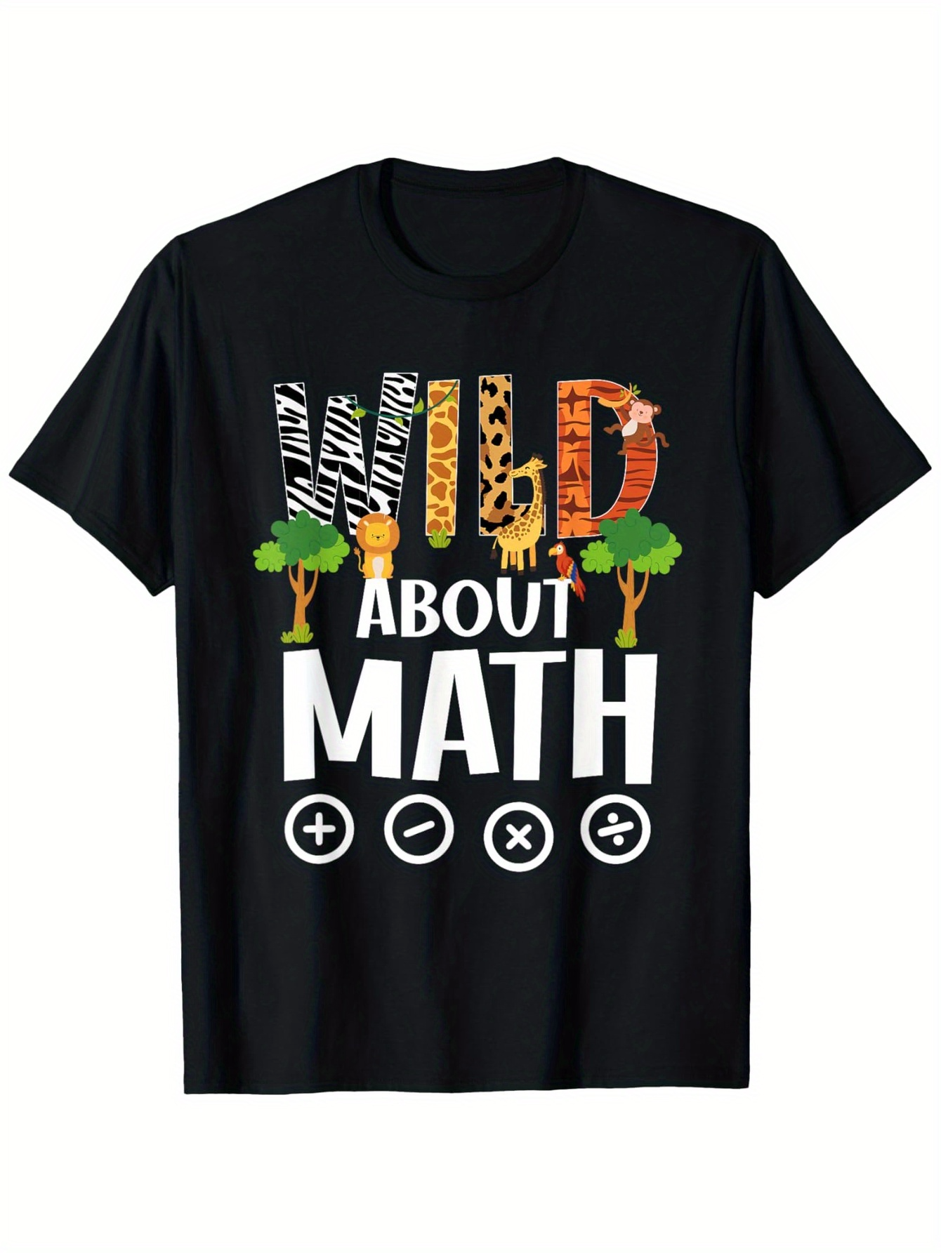 Men's Graphic T-Shirt Wild About Math With Jungle Patterns And Playful Animals Surrounding Calculation Symbols
