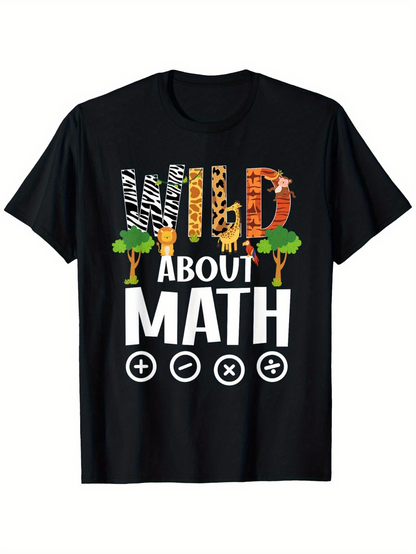 Men's Graphic T-Shirt Wild About Math With Jungle Patterns And Playful Animals Surrounding Calculation Symbols