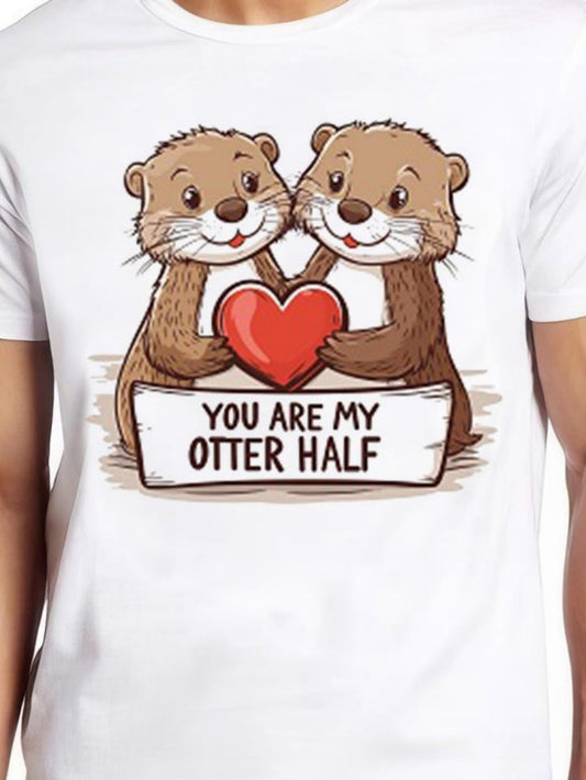 Men's Graphic T-Shirt You Are My Otter Half Holding Red Heart Two Otters White Background