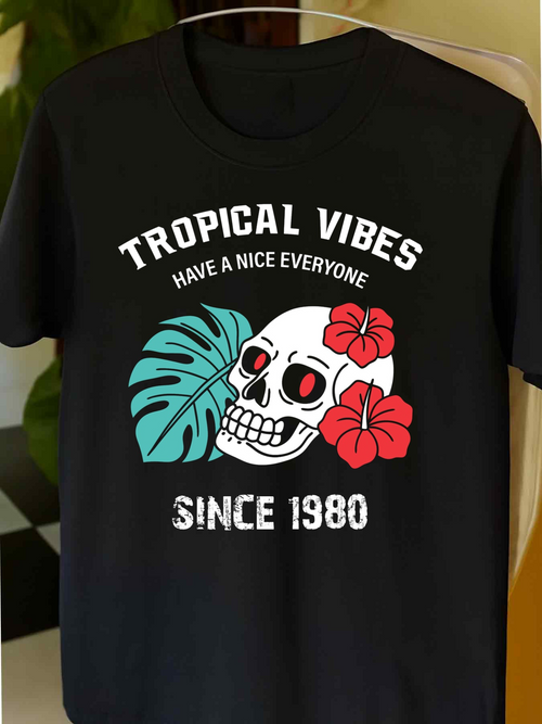 Men's Graphic T-Shirt Tropical Vibes Leaf And Hibiscus Blossoms Surrounding A Happy Skull