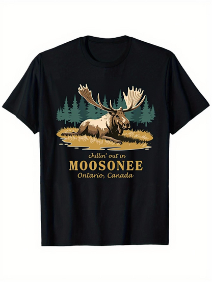 Men's Graphic T-Shirt Chillin Out In Moosonee With Majestic Moose Under Pine Trees
