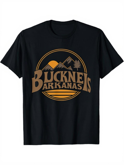 Men's Graphic T-Shirt Bucknel Barkanas Sunset Mountains With Pine Trees And Retro Circle