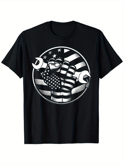 Men's Graphic T-Shirt Patriotic Fist Holding Wrenches With American Flag Elements