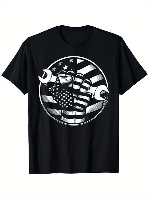 Men's Graphic T-Shirt Patriotic Fist Holding Wrenches With American Flag Elements