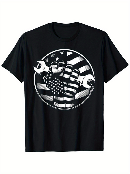 Men's Graphic T-Shirt Patriotic Fist Holding Wrenches With American Flag Elements