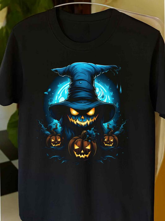 Men's Graphic T-Shirt Glowing Blue Flames Around Creepy Pumpkin Witch Hat Skull