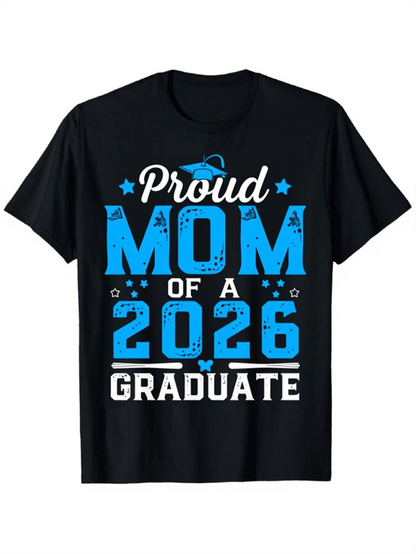 Men's Graphic T-Shirt Proud Mom Of A 2026 Graduate Blue Stars With Graduation Cap Black T Shirt