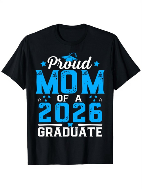 Men's Graphic T-Shirt Proud Mom Of A 2026 Graduate Blue Stars With Graduation Cap Black T Shirt
