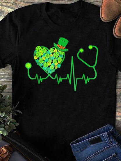 Women's Graphic T-Shirt Lively Green Clover Leaves Heartbeat With Stethoscope And Shamrock Pattern Heart