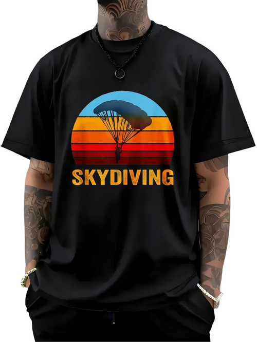 Men's Graphic T-Shirt Skydiving Retro Sunset With Silhouette Parachute Adventure Under Parachutist
