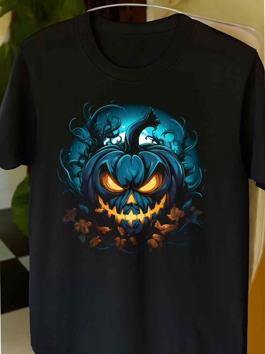 Men's Graphic T-Shirt Enchanted Blue Glow With Shadowed Bats Surrounding Fierce Halloween Pumpkin