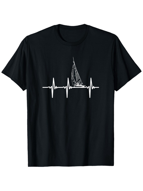Men's Graphic T-Shirt Heartbeat Lines Flowing Through Ocean Sailboat