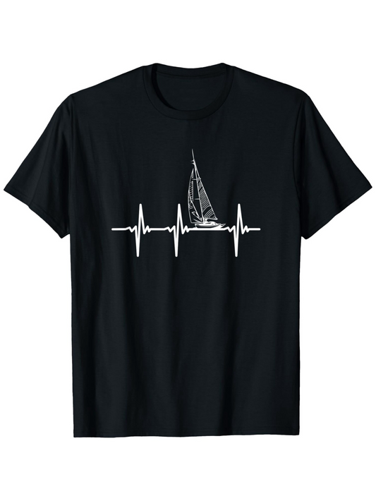 Men's Graphic T-Shirt Heartbeat Lines Flowing Through Ocean Sailboat