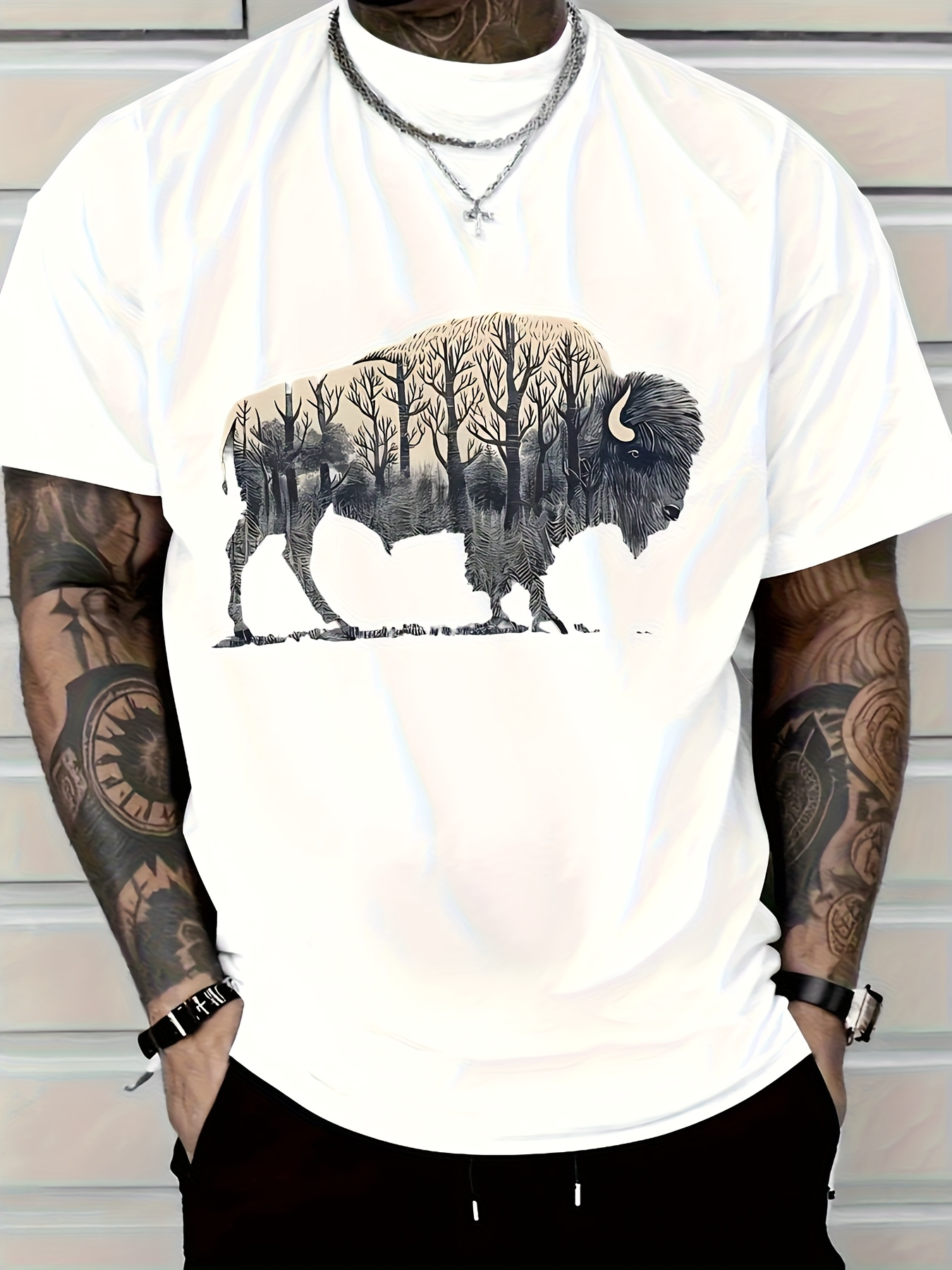 Men's Graphic T-Shirt Winter Forest With Bare Trees Silhouetted Inside Large Majestic Buffalo