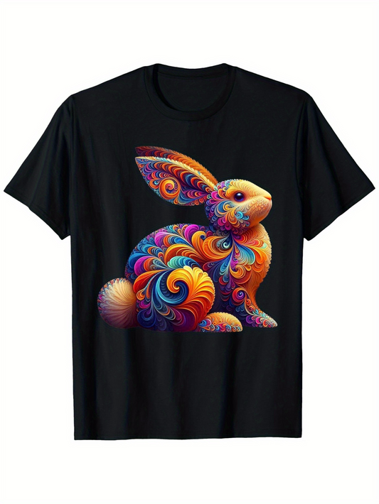 Men's Graphic T-Shirt Colorful Swirling Floral Patterns Decorating A Sitting Rabbit
