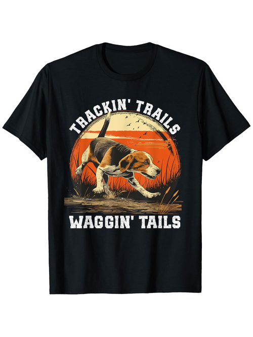 Men's Graphic T-Shirt Trackin Trails Waggin Tails With Loyal Dog Among Grassy Fields At Sunset Beagle