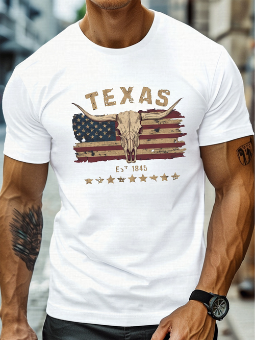 Men's Graphic T-Shirt Texas American Flag With Bull Skull And Yellow Stars