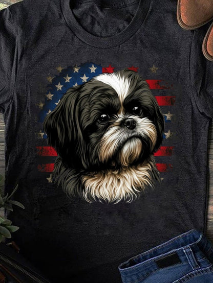 Men's Graphic T-Shirt Realistic Dog Portrait Against Faded American Flag Backdrop